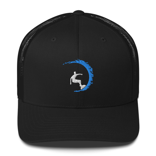 A black trucker cap with a blue and red logo on the front panel and a mesh back.