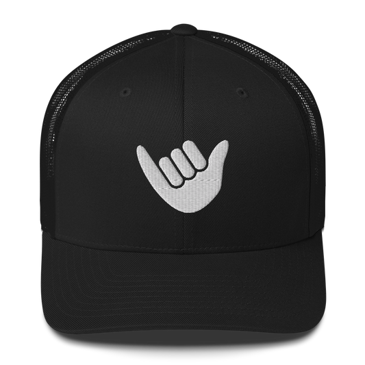 A black trucker cap with a white embroidered finger symbol on the front and a mesh back.
