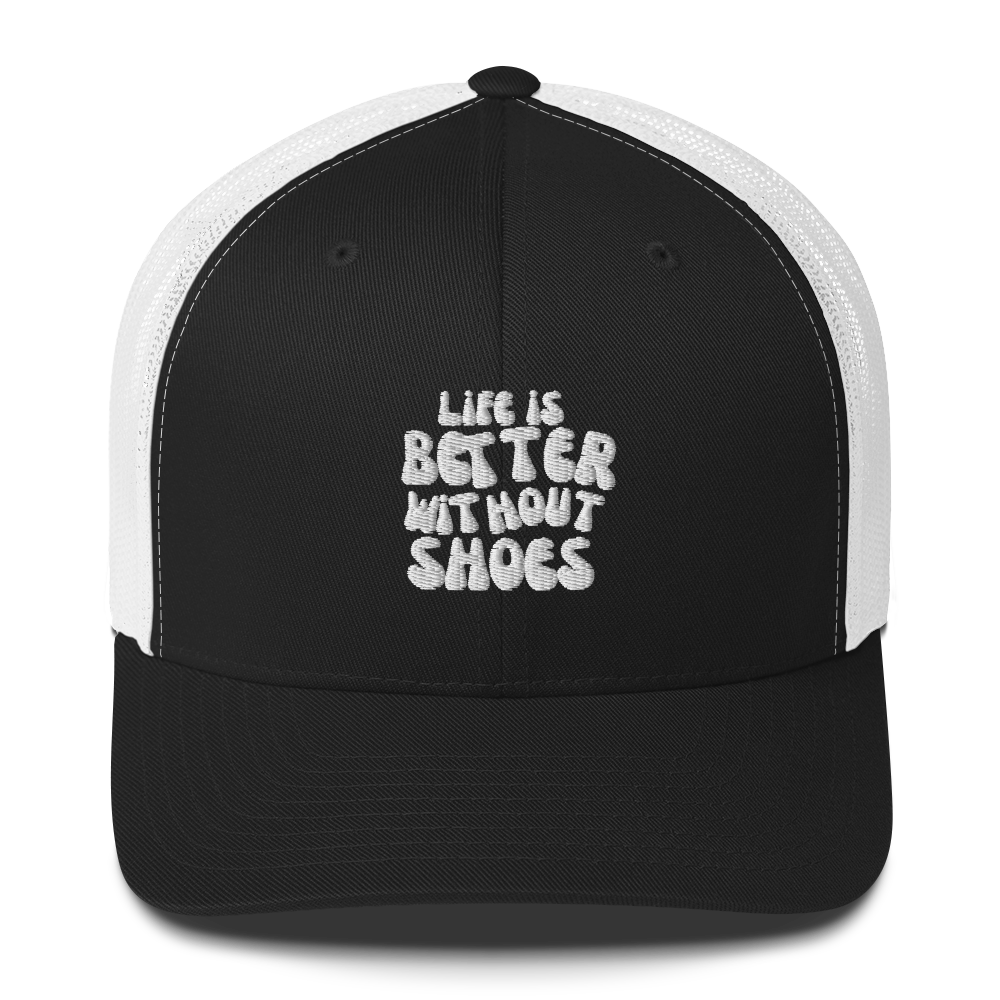 Black and white cap with 'Life is Better Without Shoes' text on a white background